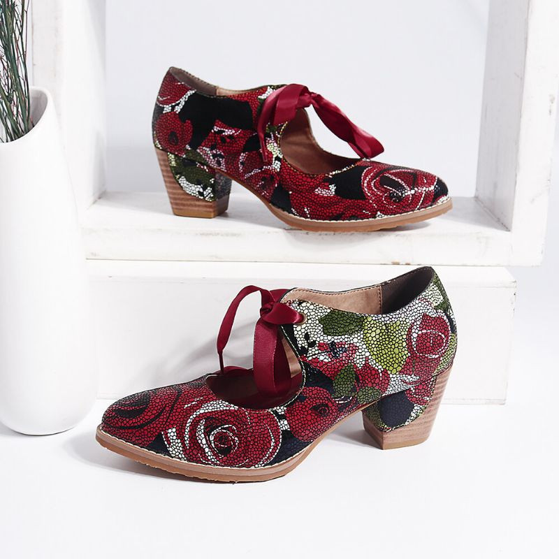 Super Comfy Bloom Rose Stitching Snörning Casual Klänning Läder Pumps För Kvinnor