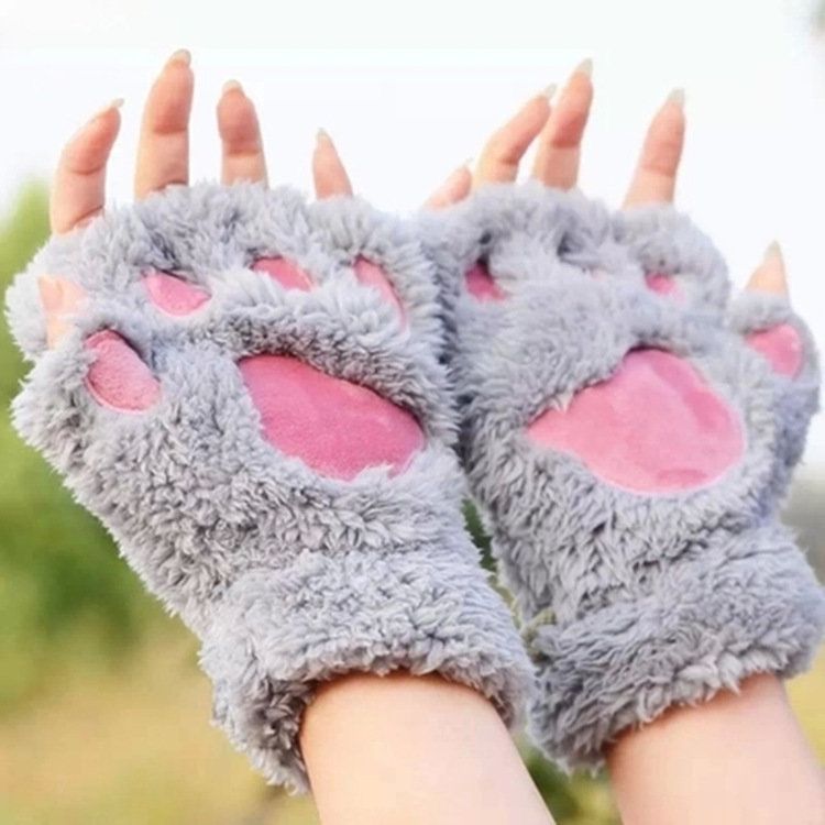 Kvinnor Flickor Fluffig Plysch Bear Cat Paw Fingerless Handskar Paw Glove Varma Vintervantar