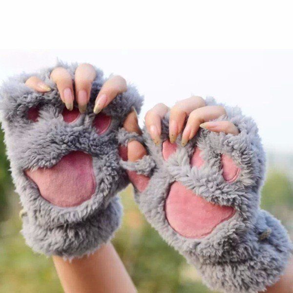 Kvinnor Flickor Fluffig Plysch Bear Cat Paw Fingerless Handskar Paw Glove Varma Vintervantar