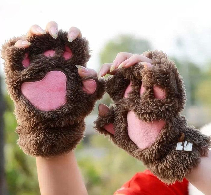 Kvinnor Flickor Fluffig Plysch Bear Cat Paw Fingerless Handskar Paw Glove Varma Vintervantar