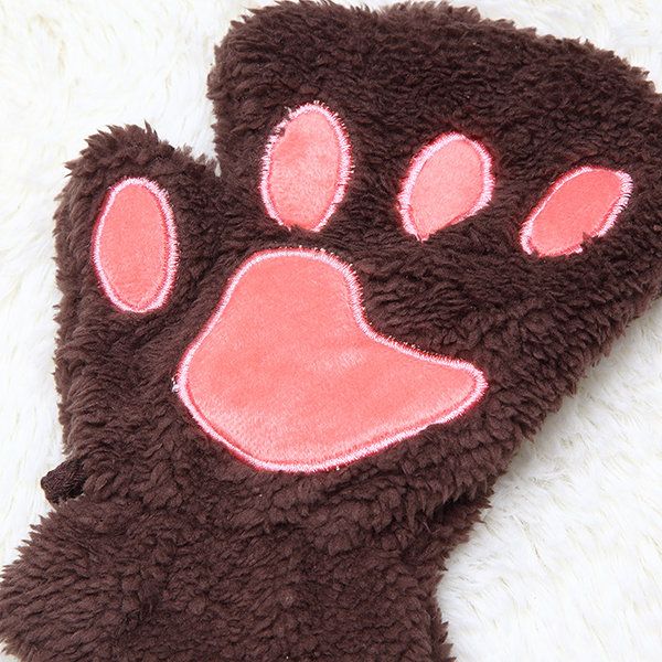 Kvinnor Flickor Fluffig Plysch Bear Cat Paw Fingerless Handskar Paw Glove Varma Vintervantar