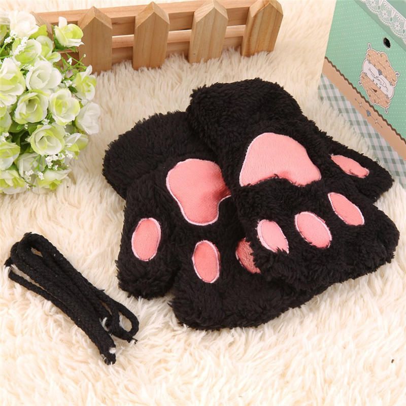 Kvinnor Flickor Fluffig Plysch Bear Cat Paw Fingerless Handskar Paw Glove Varma Vintervantar