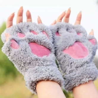 Kvinnor Flickor Fluffig Plysch Bear Cat Paw Fingerless Handskar Paw Glove Varma Vintervantar