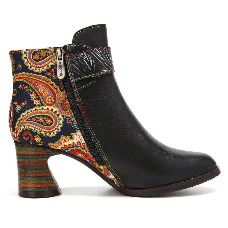 Ankel Spänne Rem Dekor Retro Blommig Tryckt Skarvläder Comfy Chunky Heel Ankel Boots