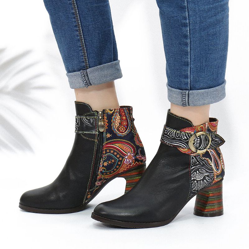 Ankel Spänne Rem Dekor Retro Blommig Tryckt Skarvläder Comfy Chunky Heel Ankel Boots