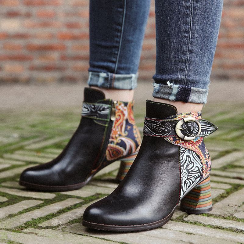 Ankel Spänne Rem Dekor Retro Blommig Tryckt Skarvläder Comfy Chunky Heel Ankel Boots