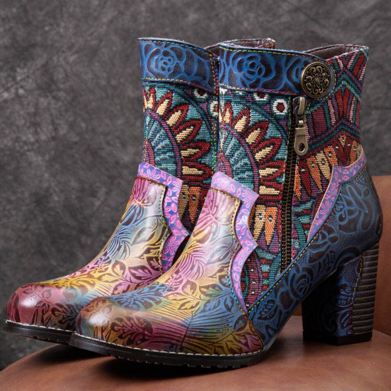 Bohemian Printed Läder Patchwork Sidodragkedja Mjuk Bekväm Chunky Heel Ankelboots