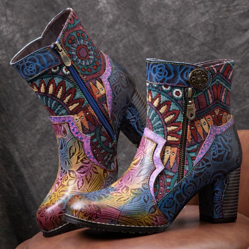 Bohemian Printed Läder Patchwork Sidodragkedja Mjuk Bekväm Chunky Heel Ankelboots