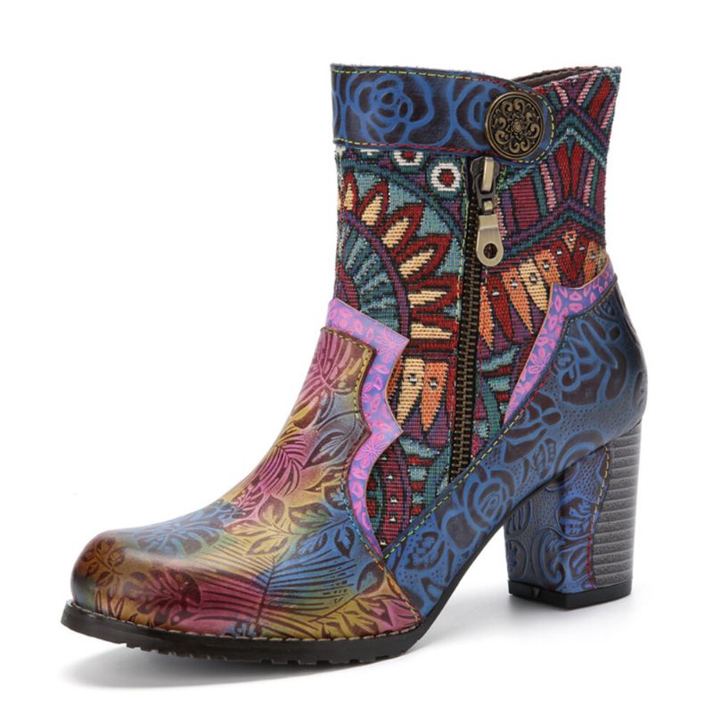 Bohemian Printed Läder Patchwork Sidodragkedja Mjuk Bekväm Chunky Heel Ankelboots