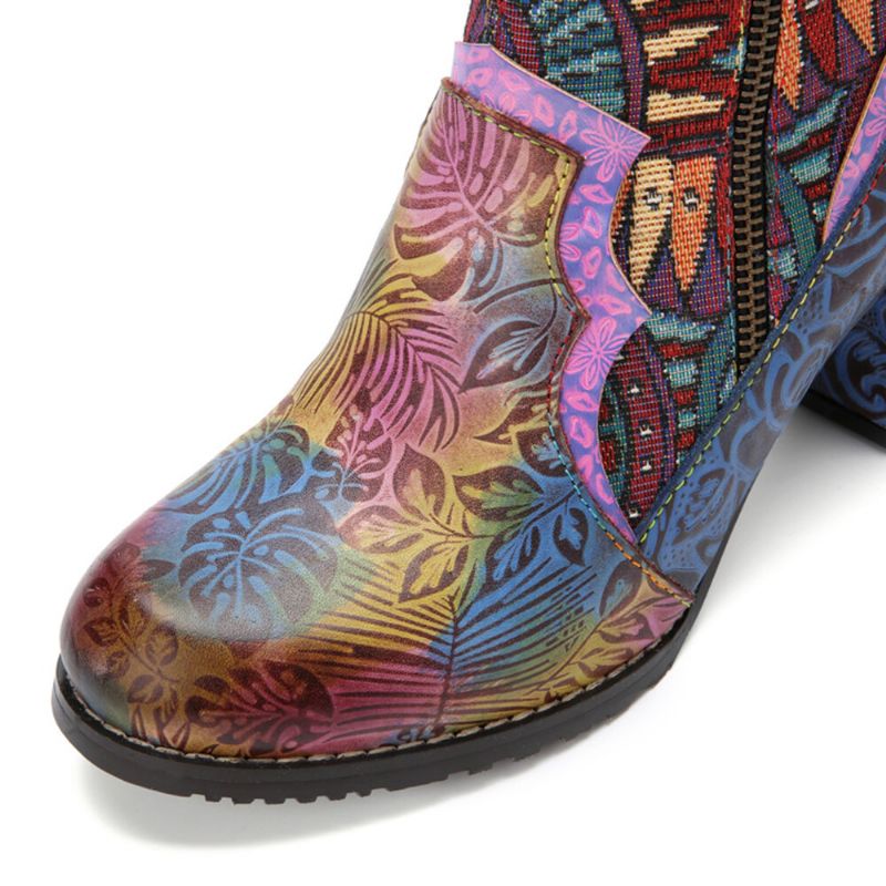 Bohemian Printed Läder Patchwork Sidodragkedja Mjuk Bekväm Chunky Heel Ankelboots