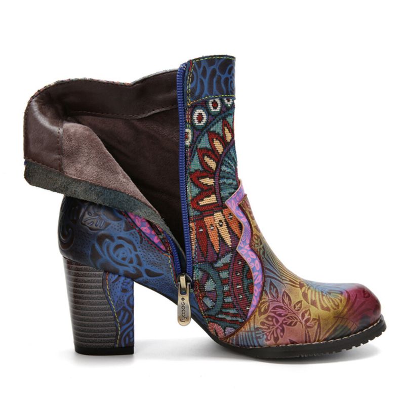 Bohemian Printed Läder Patchwork Sidodragkedja Mjuk Bekväm Chunky Heel Ankelboots