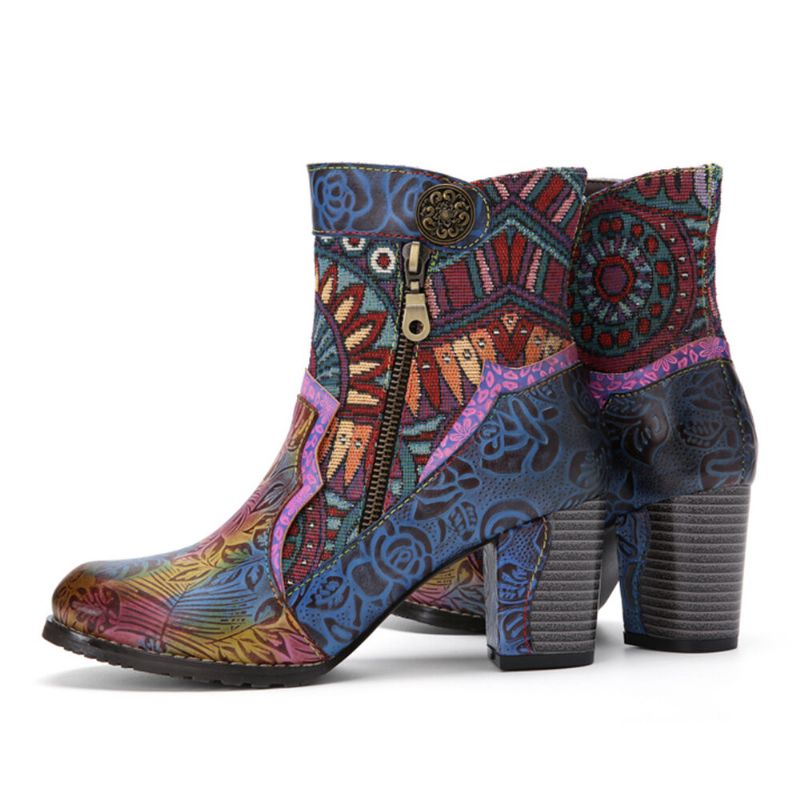 Bohemian Printed Läder Patchwork Sidodragkedja Mjuk Bekväm Chunky Heel Ankelboots