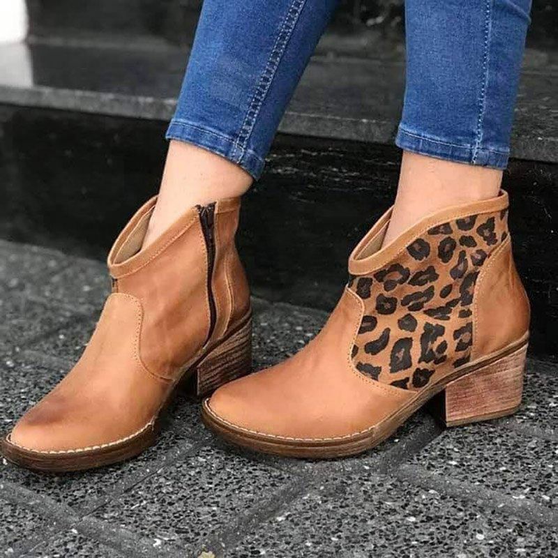 Casual Splicing Leopard Zipper Chunky Heel Cowboy Ankelboots För Dam