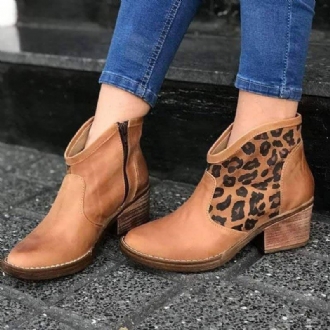 Casual Splicing Leopard Zipper Chunky Heel Cowboy Ankelboots För Dam