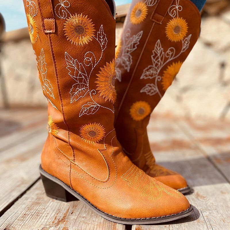 Daisy Stor Storlek Dam Broderade Tjocka Klackar Med Spetsad Tå Cowboystövlar Med Mitten Av Vaden