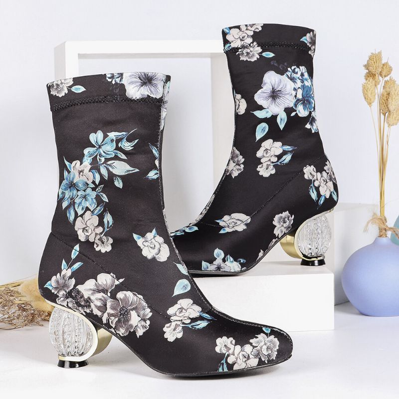 Dam Bekväma Snygga Broderade Blommor Tyg Elastisk Slip On Chunky Heel Korta Stövlar