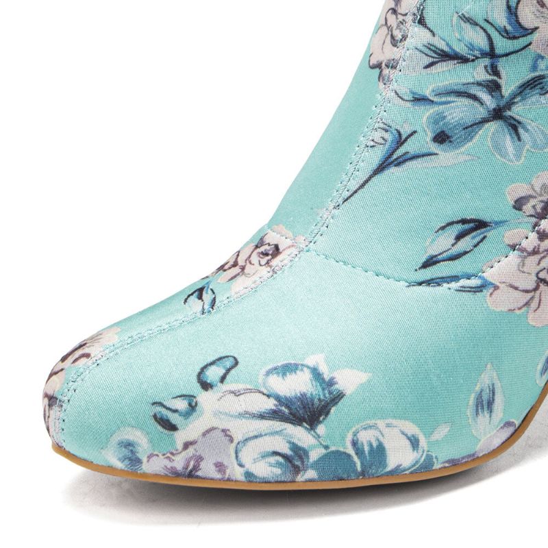 Dam Bekväma Snygga Broderade Blommor Tyg Elastisk Slip On Chunky Heel Korta Stövlar