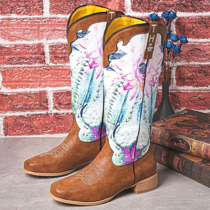 Dam Retro Blommönster Fyrkantig Toe Slip-on Cowboy Boots