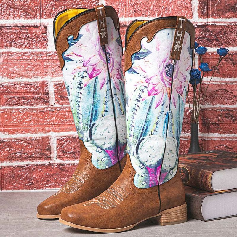 Dam Retro Blommönster Fyrkantig Toe Slip-on Cowboy Boots