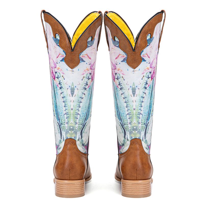 Dam Retro Blommönster Fyrkantig Toe Slip-on Cowboy Boots