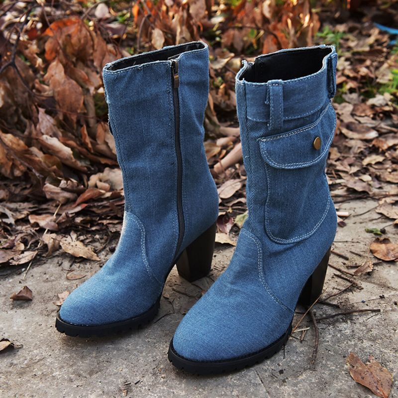 Dam Retro Denim Tyg Sidoväska Med Dragkedja Dekor Chunky Heel Mid Calf Boots