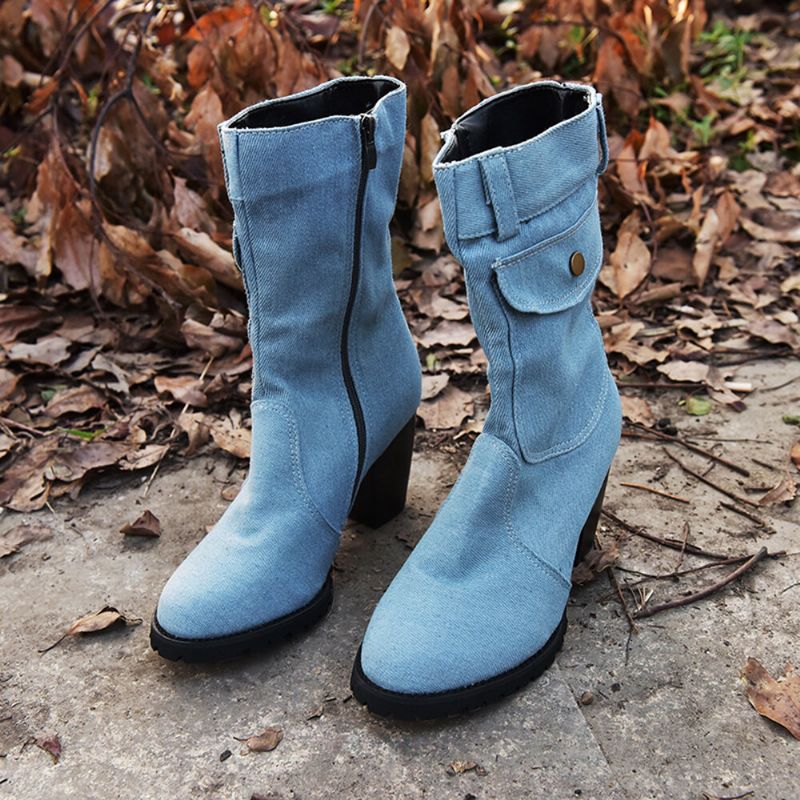 Dam Retro Denim Tyg Sidoväska Med Dragkedja Dekor Chunky Heel Mid Calf Boots