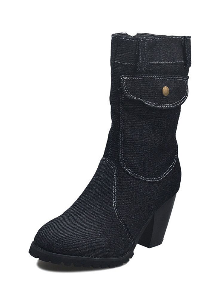 Dam Retro Denim Tyg Sidoväska Med Dragkedja Dekor Chunky Heel Mid Calf Boots