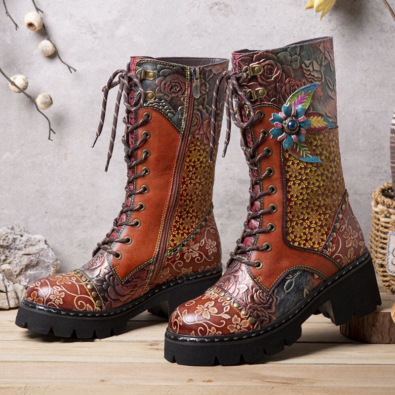 Dam Retro Rub Color Tredimensionella Blommor Deco Mid-tube Boots