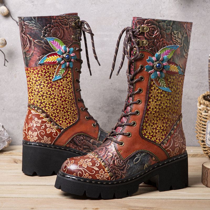 Dam Retro Rub Color Tredimensionella Blommor Deco Mid-tube Boots