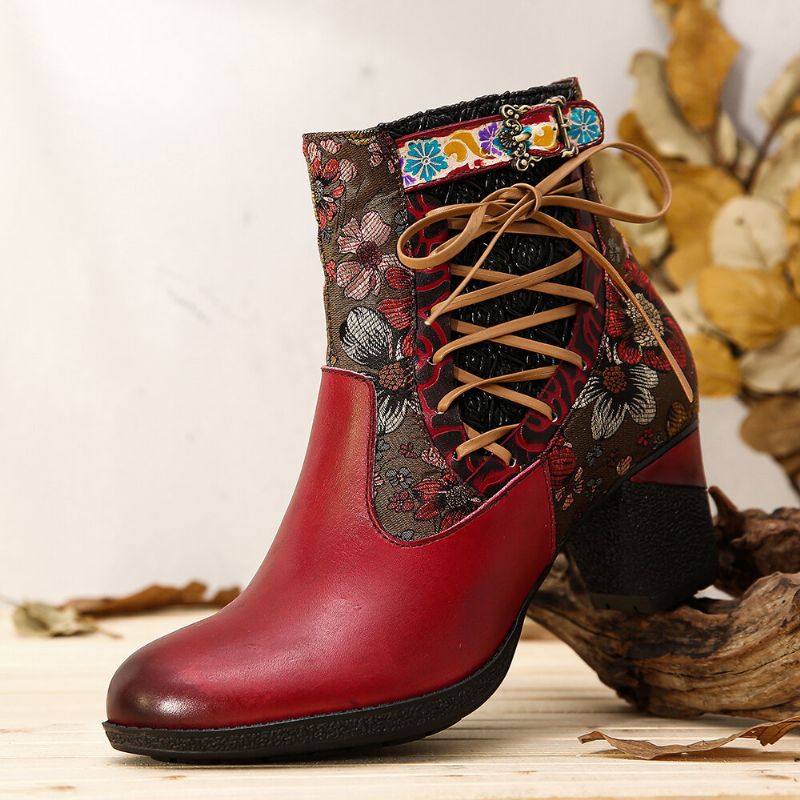 Elegant Floral Splicing Varmfodrad Dragkedja Chunky Heel Chelsea Boots