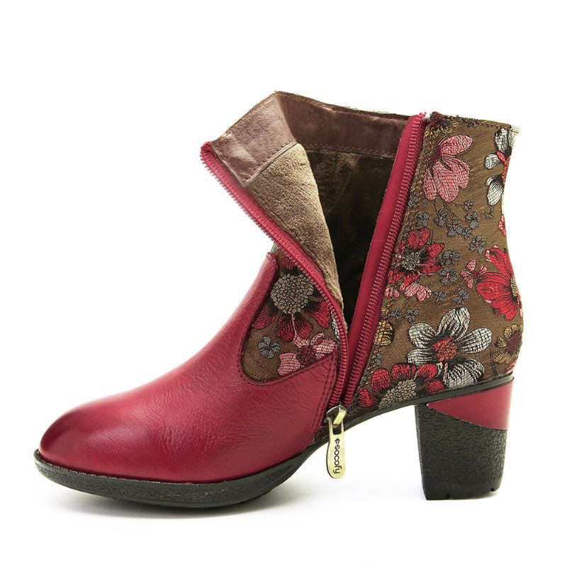 Elegant Floral Splicing Varmfodrad Dragkedja Chunky Heel Chelsea Boots