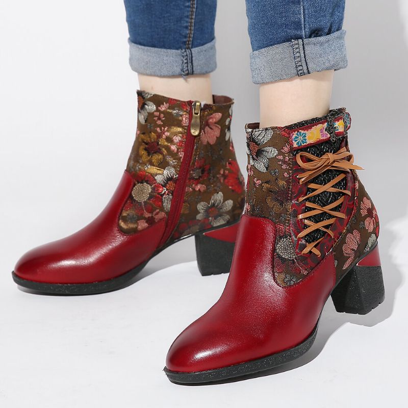 Elegant Floral Splicing Varmfodrad Dragkedja Chunky Heel Chelsea Boots