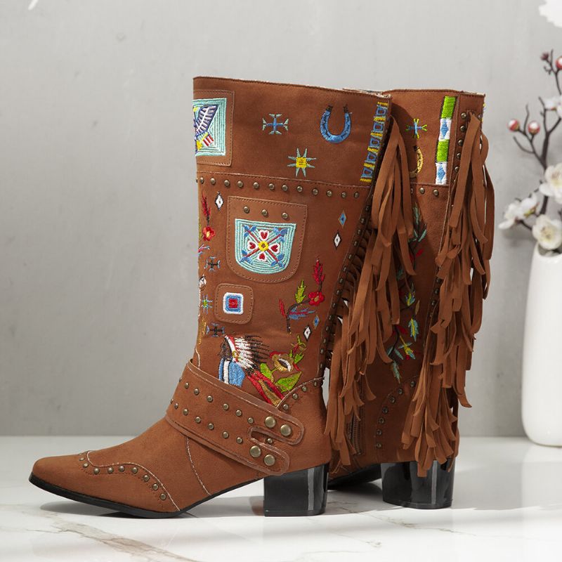 Folkways Broderad Back Tofs Deocr Bärbara Chunky Heel Mid-calf Boots