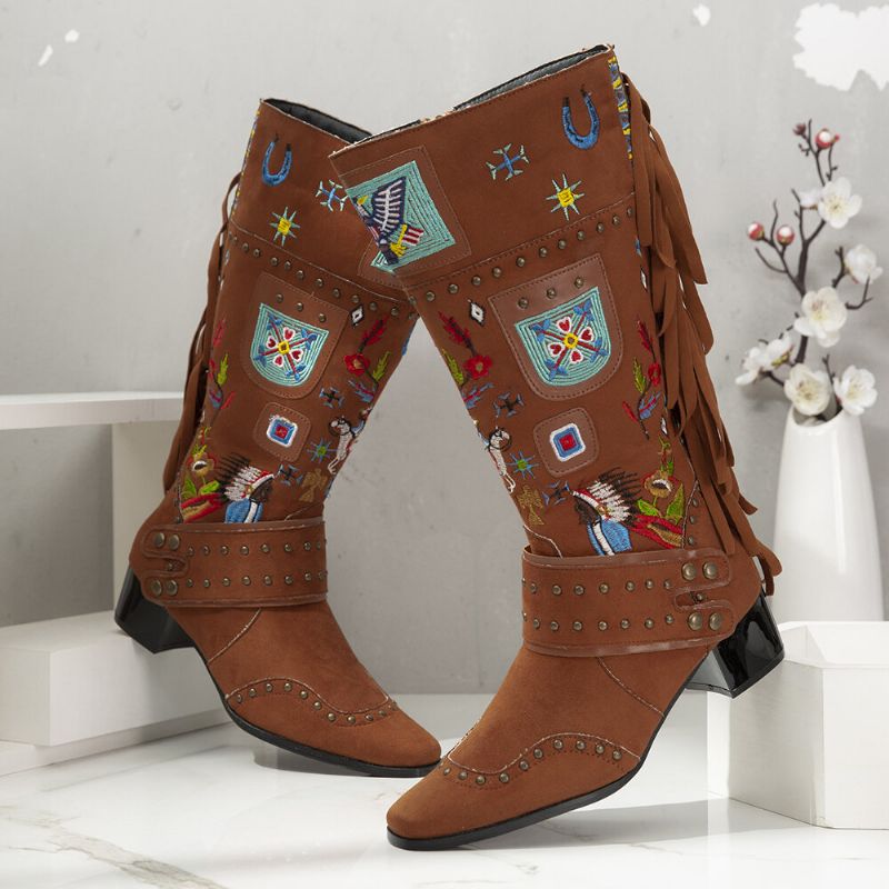 Folkways Broderad Back Tofs Deocr Bärbara Chunky Heel Mid-calf Boots