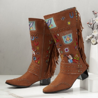 Folkways Broderad Back Tofs Deocr Bärbara Chunky Heel Mid-calf Boots