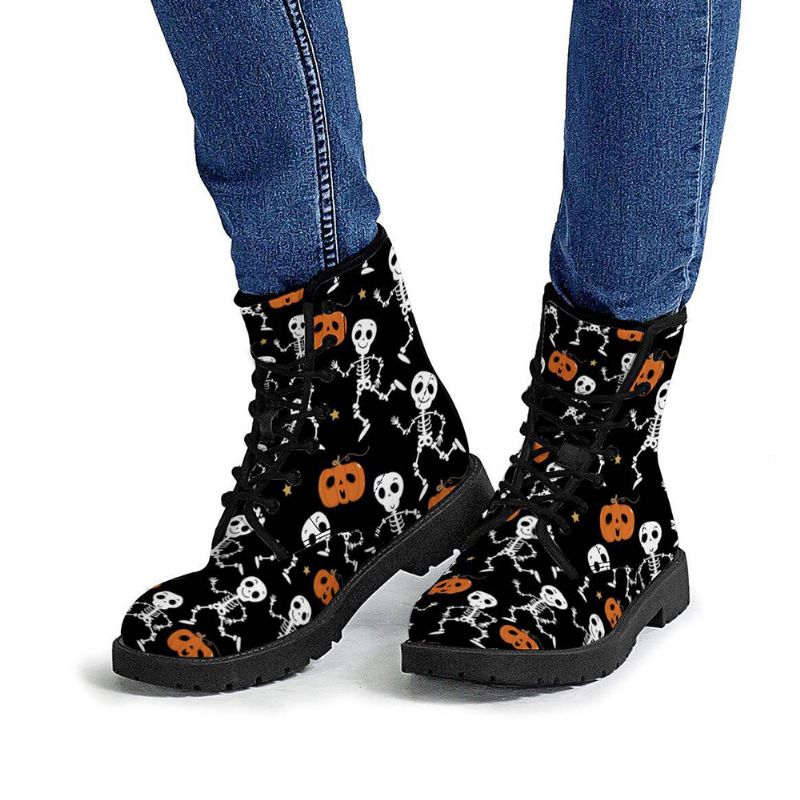 Halloween Kvinnor Rolig Skeleton Pumpkin Printing Mjuk Gummi Halkfri Yttersula Martin Boots