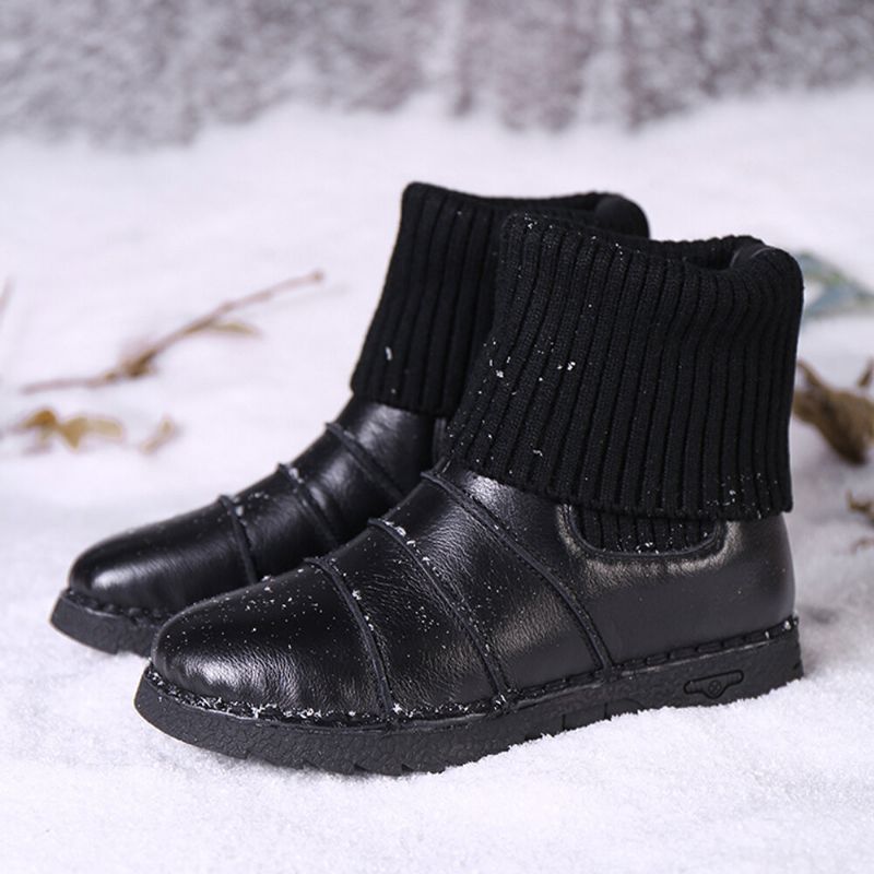 Kohud Lädersömmar Varmfoder Slip-on Flat Snow Short Boots