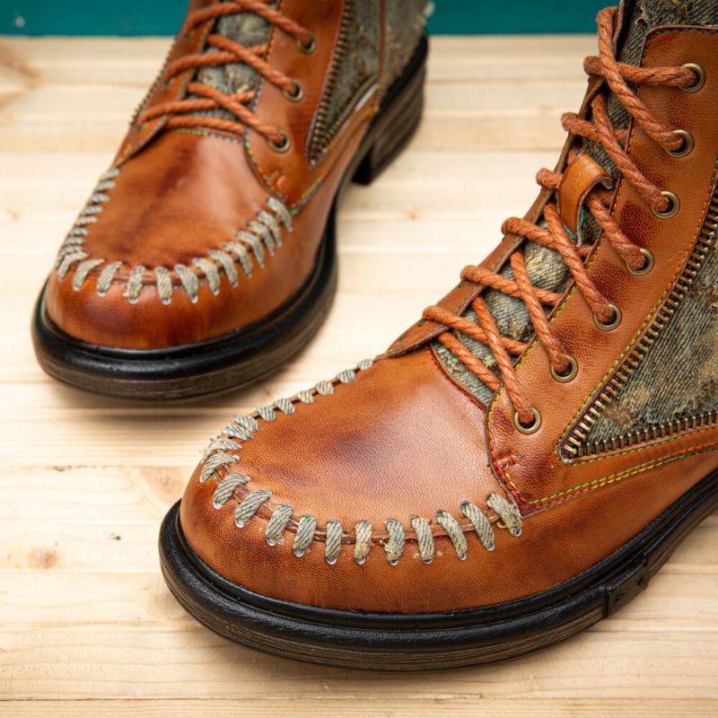 Kvinnor Äkta Läder Retro Splicing Handsömnad Ankel Cowboy Boots