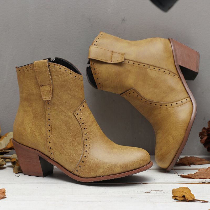 Kvinnor Casual Retro Spetsig Dragkedja Chunky Heel Ankel Boots