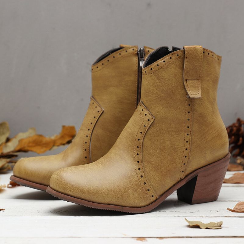 Kvinnor Casual Retro Spetsig Dragkedja Chunky Heel Ankel Boots