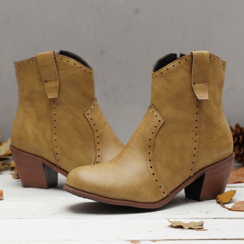 Kvinnor Casual Retro Spetsig Dragkedja Chunky Heel Ankel Boots