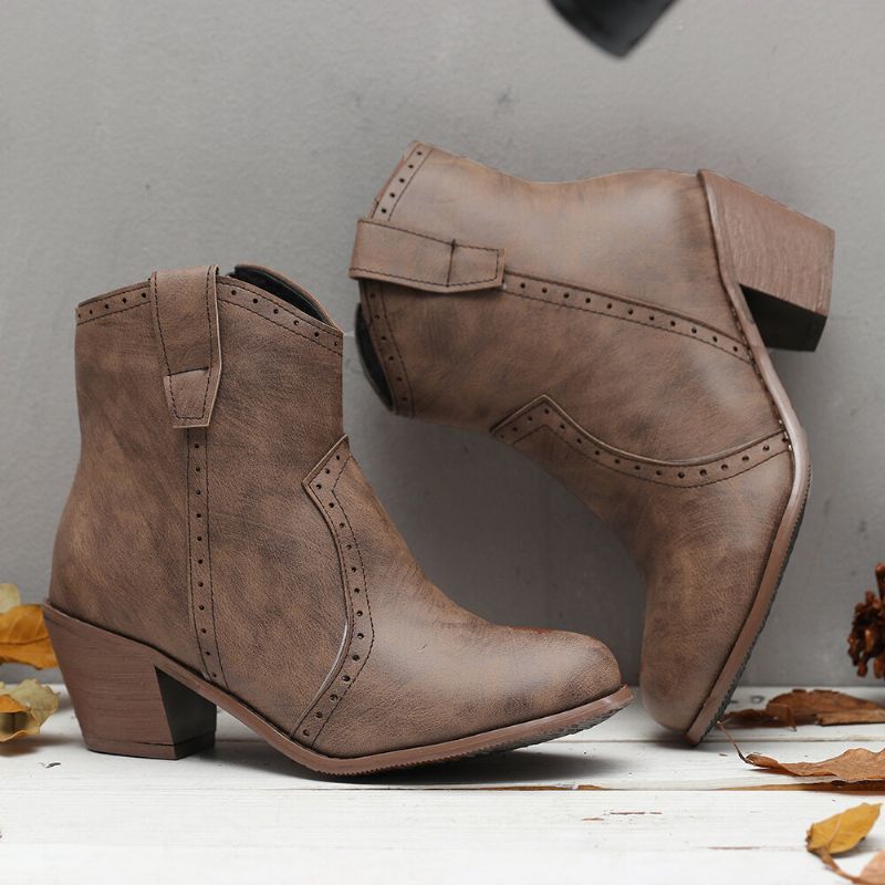 Kvinnor Casual Retro Spetsig Dragkedja Chunky Heel Ankel Boots