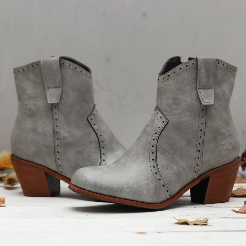 Kvinnor Casual Retro Spetsig Dragkedja Chunky Heel Ankel Boots