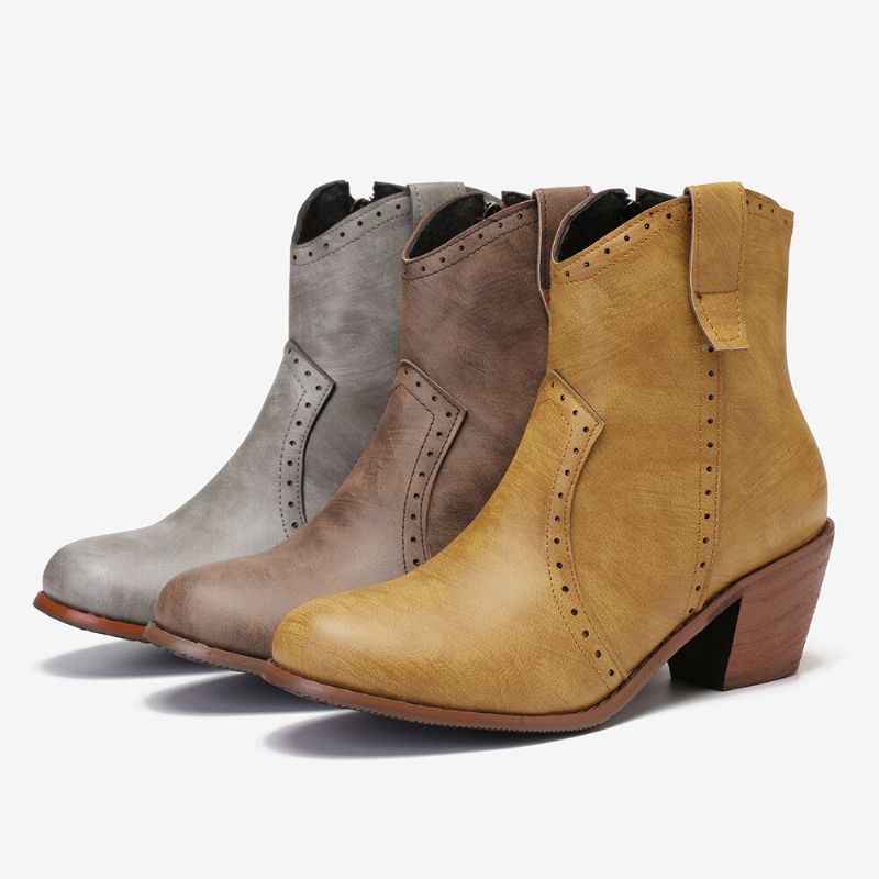 Kvinnor Casual Retro Spetsig Dragkedja Chunky Heel Ankel Boots