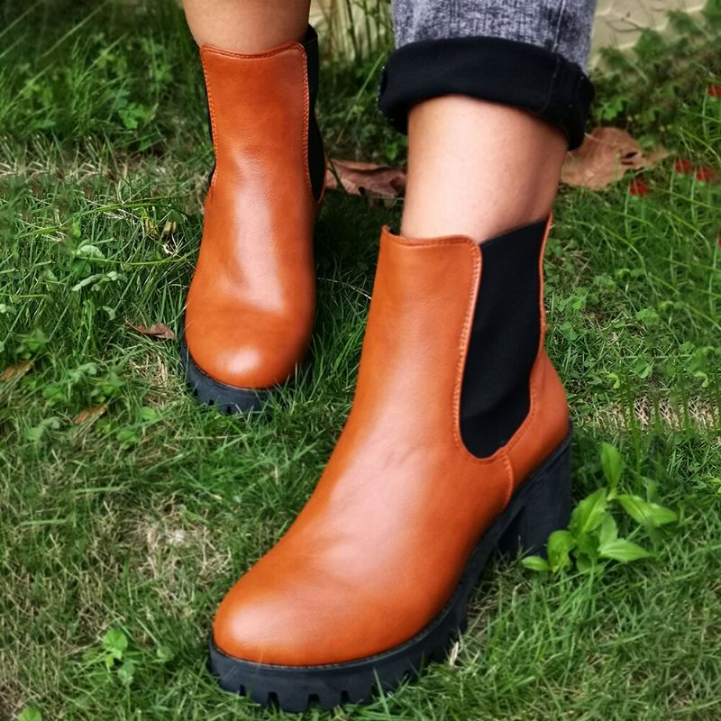 Kvinnor Casual Slip On Round Toe Platform Chunky Heel Ankel Boots