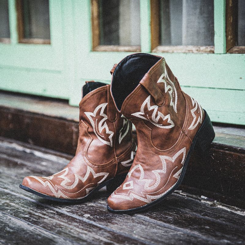 Kvinnor Folkways Blommor Broderade Chunky Heel Slip-on Korta Cowboy Boots