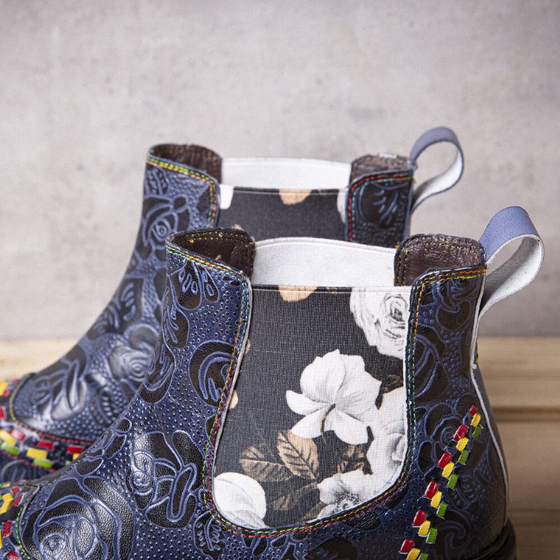 Kvinnor Läder Retro Blommor Prägling Patchwork Stitching Ankelboots