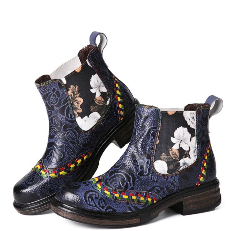 Kvinnor Läder Retro Blommor Prägling Patchwork Stitching Ankelboots