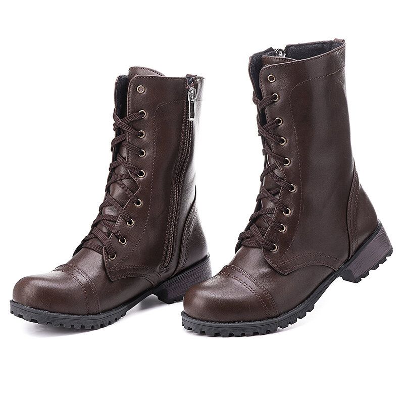 Kvinnor Plus Size Motorcykel Rund Toe Retro Mid Calf Boots