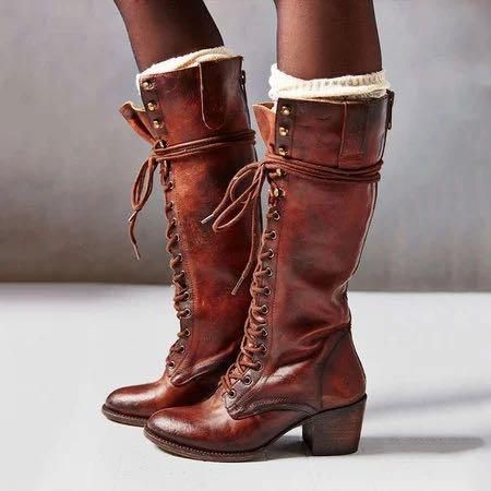 Kvinnor Plus Size Retro Lace Up Mid Calf Boots